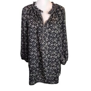 Max Studio Black Floral Blouson Sleeve Ruffle Neck Blouse Top 1X Plus Size Boho